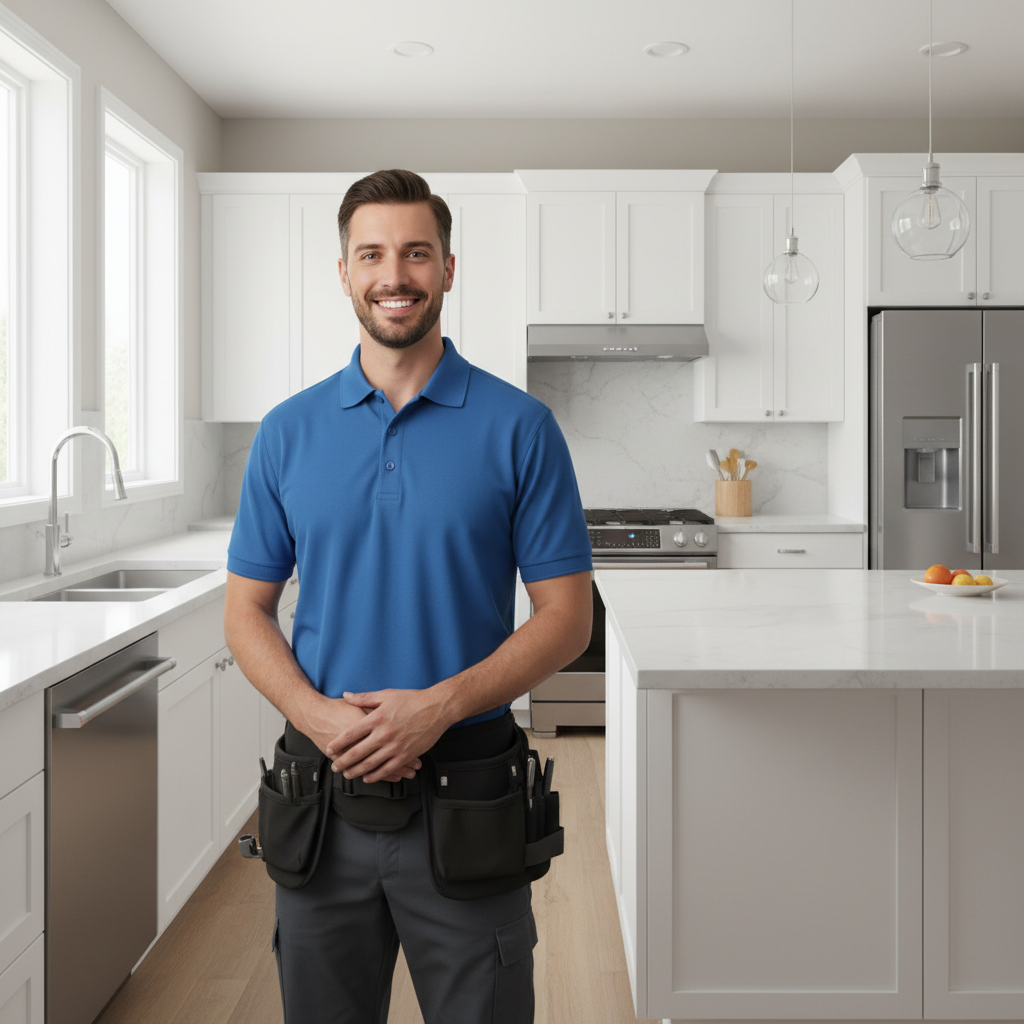 Smiling appliance repair technician in a modern kitchen