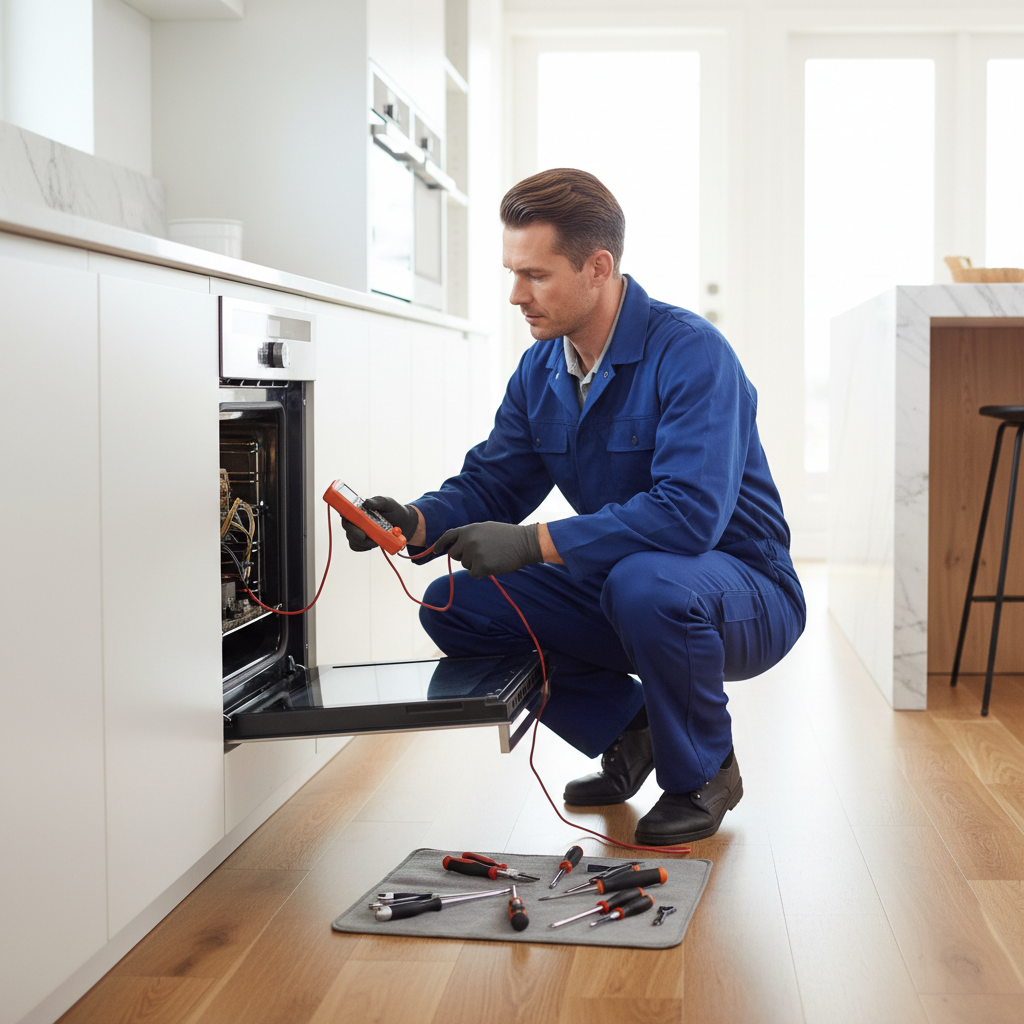 Technician repairing a built-in oven